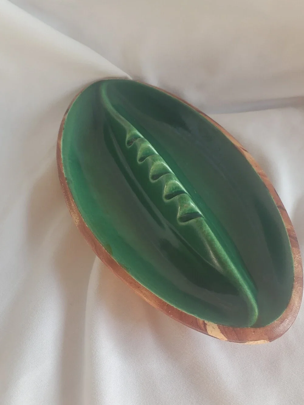 Yellowstone Park Vtg Green/Woodgrain  Ceramic Ashtray Trinket Bowl MCM Retro